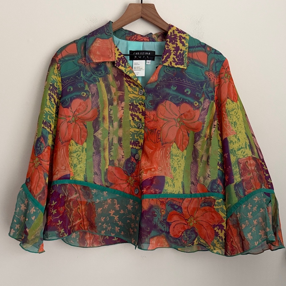 Christina Hope Silk Lined Button Up Blazer floral ruffle fairy L